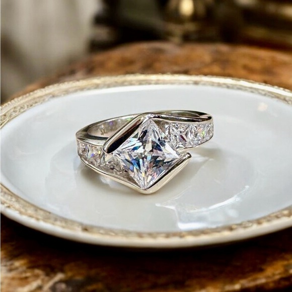 Diamond White Princess Cut Cubic Zirconia Pave Sterling Silver Ring (6)